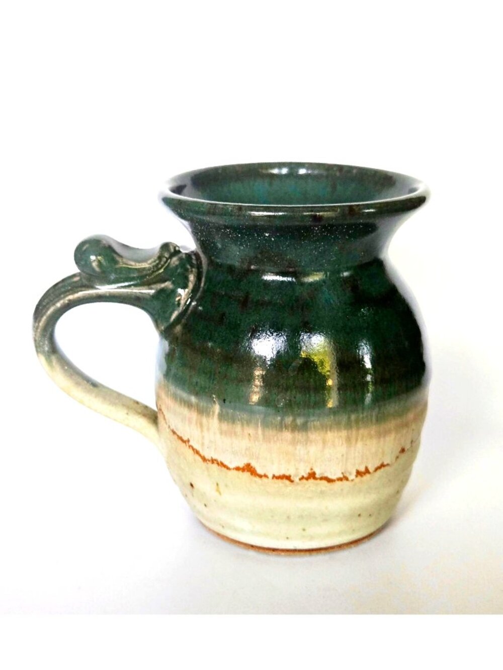 Handcrafted Pottery Mug Signed Green & Cream Gradient Glaze 4" Tall Like New